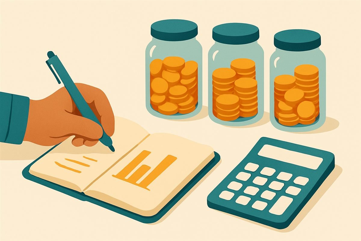 Presupuesto personal con cuaderno, monedas y calculadora