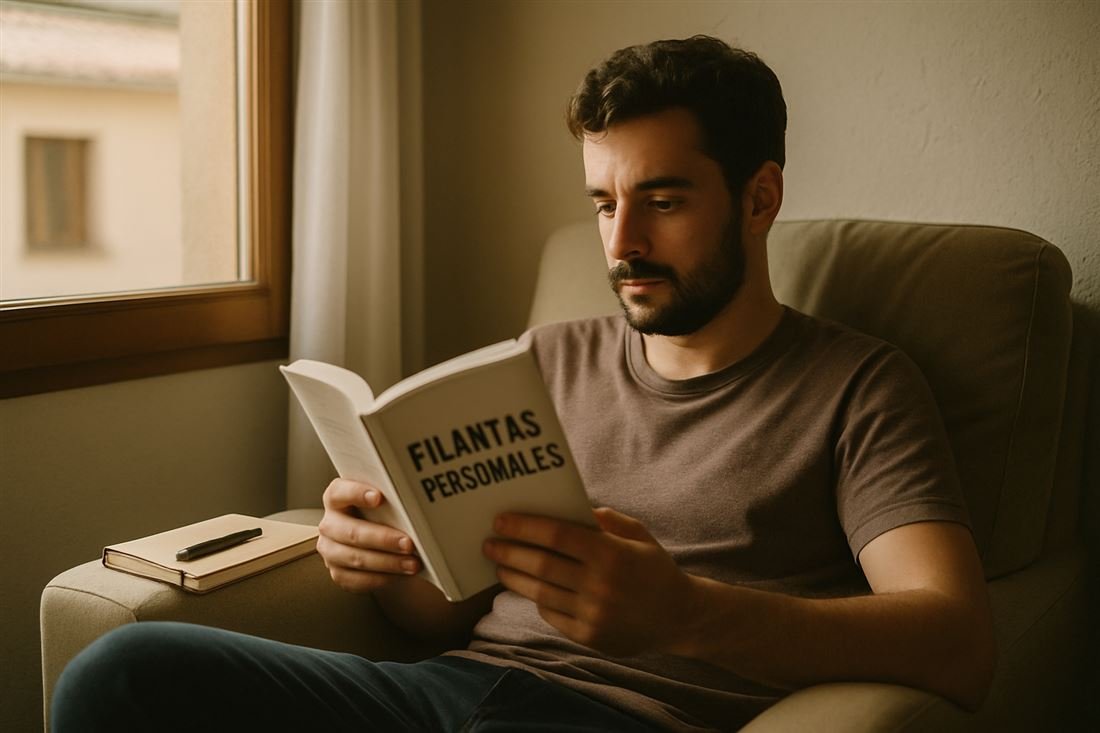 Leyendo un libro de educación financiera en casa