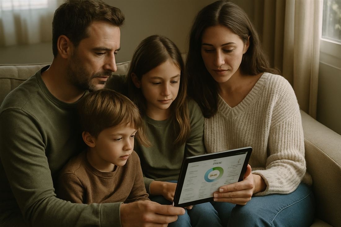 Familia revisando el presupuesto en una tablet