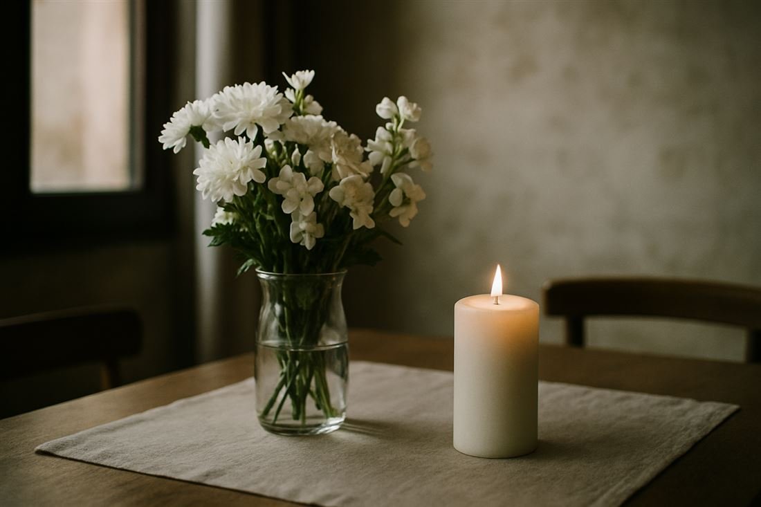 Flores blancas y una vela encendida