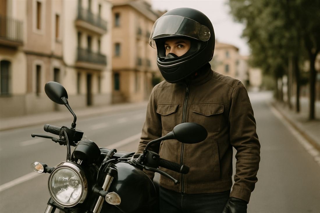 Motorista junto a su moto
