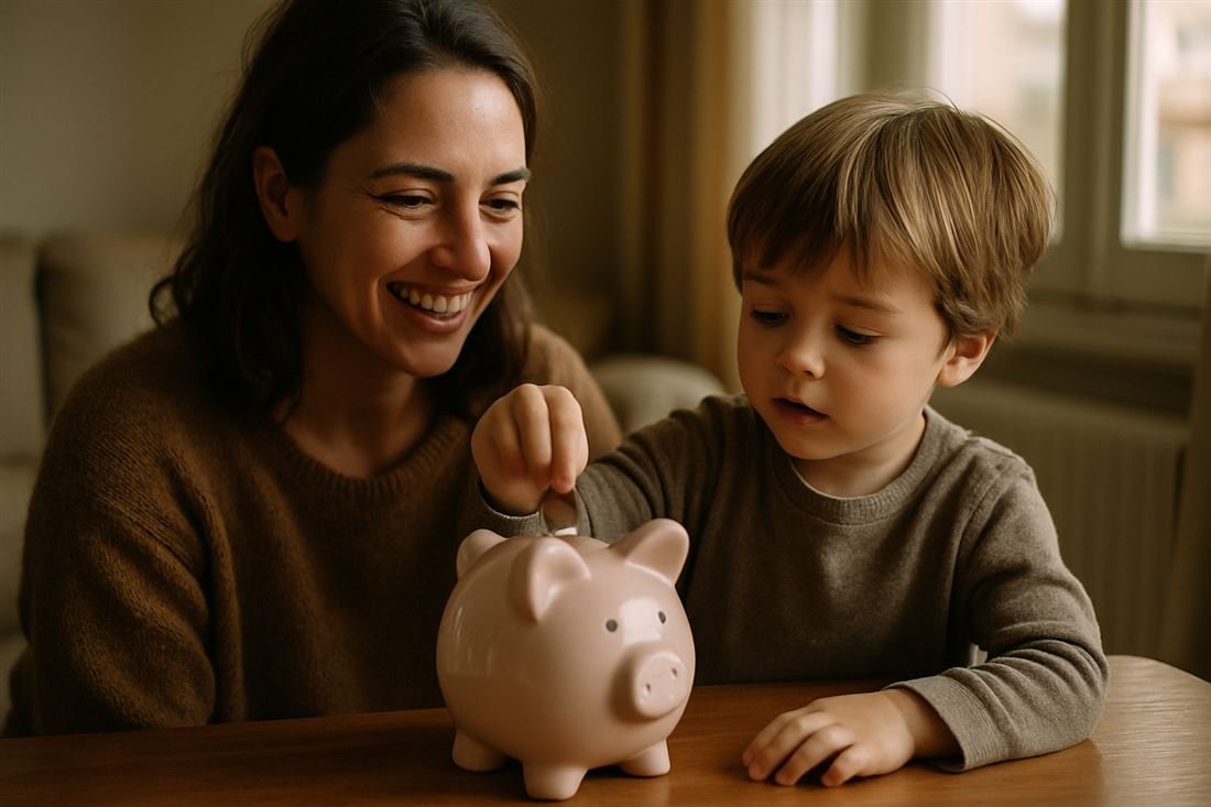 Niño echando una moneda en su hucha