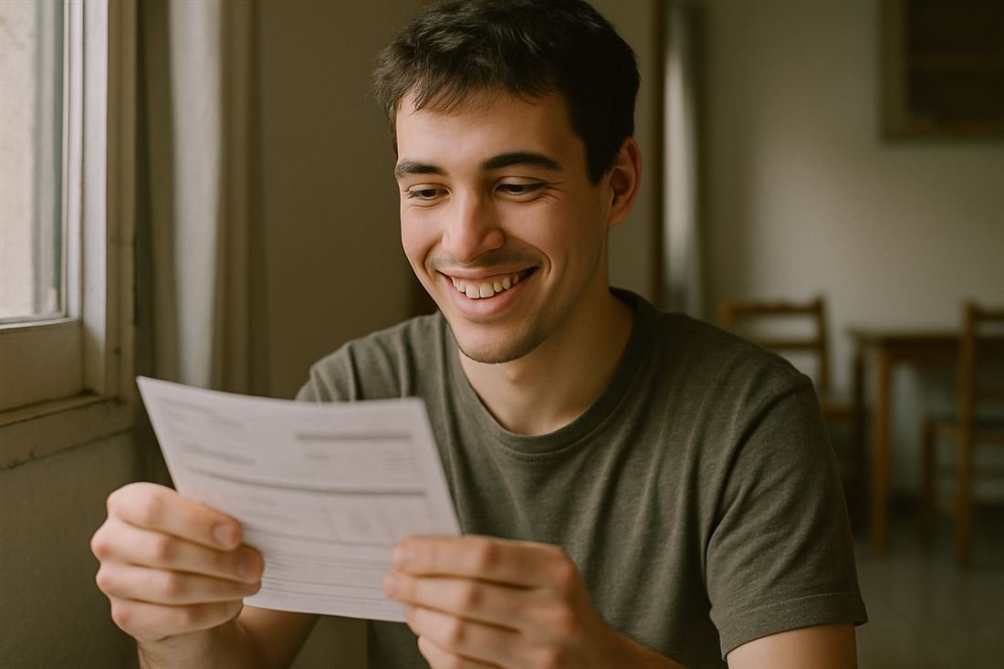 Joven mirando su primera nómina