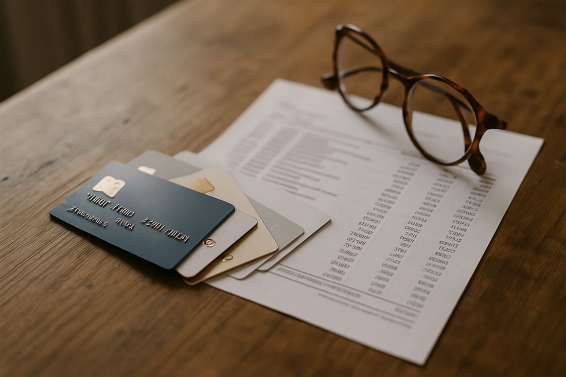 Tarjetas de crédito junto a un extracto bancario