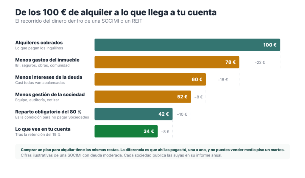 Barras decrecientes desde los 100 euros de alquiler cobrado hasta los 34 que llegan al accionista