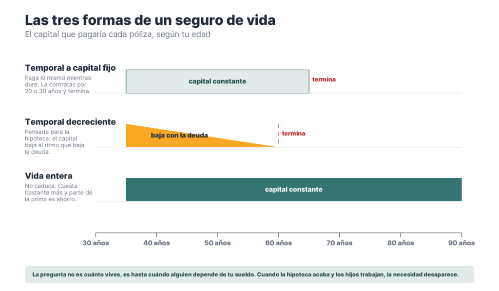 Tres líneas de tiempo por edad comparando el capital que paga un seguro temporal fijo, uno